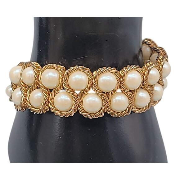 Vtg Vermeil Imitation Pearl Double Woven Row Bracelet Gold on Sterling Silver - Picture 1 of 14